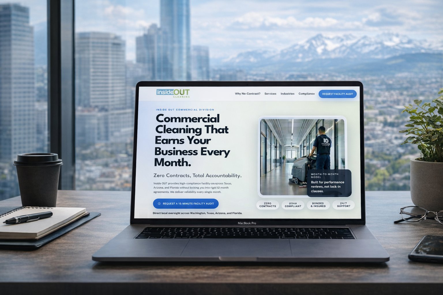 Commercial cleaning website shown on a laptop in a city office