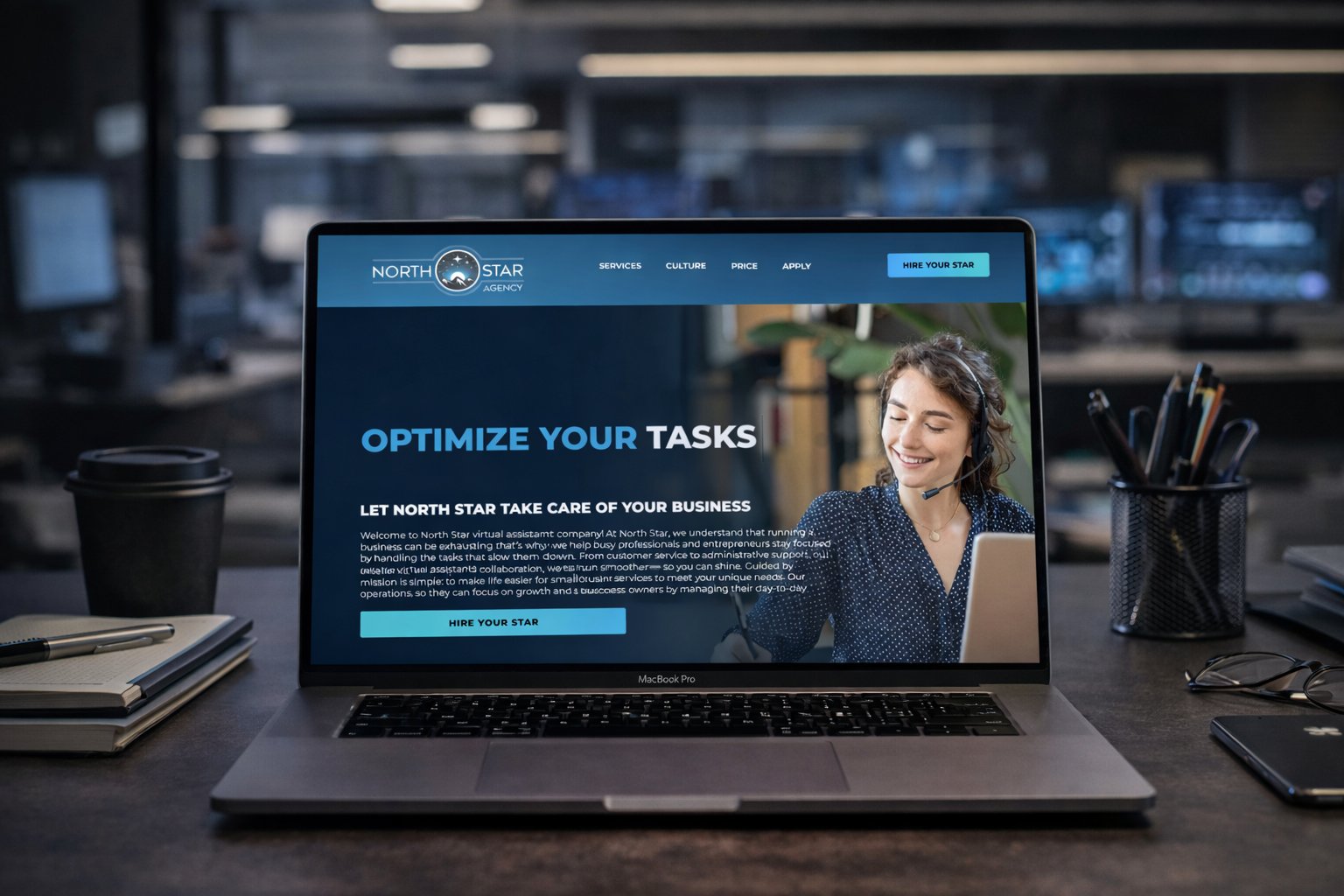 North Star Agency website shown on a laptop in a modern office