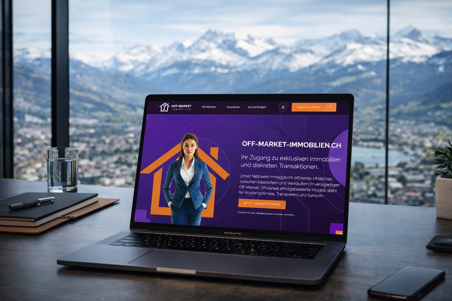 Off-market real estate website shown on a laptop with a mountain view